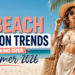 Stylish woman wearing trendy beachwear with a straw hat and sunglasses on a tropical beach, highlighting the top 9 beach fashion trends for Summer 2026.