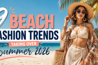 Stylish woman wearing trendy beachwear with a straw hat and sunglasses on a tropical beach, highlighting the top 9 beach fashion trends for Summer 2026.